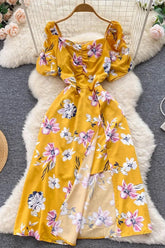 Dress Folds V-neck Floral Print Slit Long Dress Elegant Puff Sleeve Vacation Party Dress