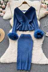 Elegant Shining Knitted Ruffled Sweater and Skinny High Waist Skirts Two Piece Suits