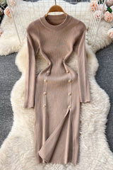 Dress Elegant Double-breasted Split Knitted Wrap Hips Bodycon Dress