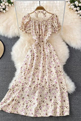 Dress Romantic Floral Print Bandage Neck Long Dress Lady Vacation Beach Dress