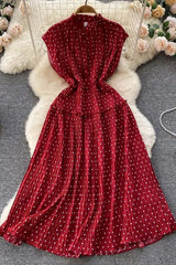Dress Elegant Polka Dot Print Sleeveless High Waist Long Pleated Dress
