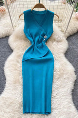 Dress Elegant Slim Waist Buttons Design Knee-length Knit Dress