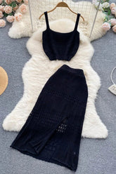 Hollow Out Two Piece Set Dress Vacation Short Tank Tops + High Waist Split Skirts Suits