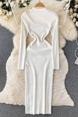 Dress Long Sleeve Slim Knitted Sweater Dress Hollow Out High Split Long Dress