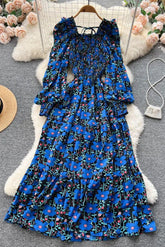 Elegant Flower Print Long Dress Square Collar Puff Sleeve Party Female Vestidos Dress