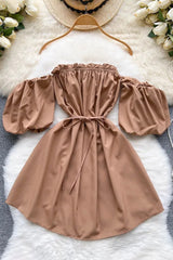 Off Shoulder Puff Sleeve Mini Dress Lace-up Dress