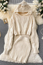 Hooded Sweaters Tops + Skinny High Waist Mini Skirts Two PCS Suits