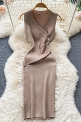 Dress Elegant Slim Waist Buttons Design Knee-length Knit Dress