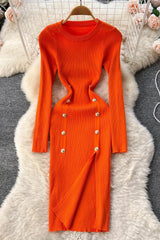 Dress Elegant Double-breasted Split Knitted Wrap Hips Bodycon Dress
