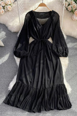 Dress Elegant Lace-up Ruffled Long Dress Lantern Sleeve Party Dress