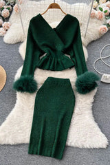 Elegant Shining Knitted Ruffled Sweater and Skinny High Waist Skirts Two Piece Suits