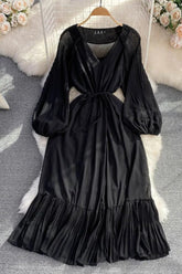 Dress Elegant Lace-up Ruffled Long Dress Lantern Sleeve Party Dress