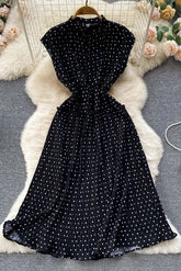 Dress Elegant Polka Dot Print Sleeveless High Waist Long Pleated Dress