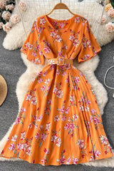 Dress Romantic Floral Print Chiffon Dress With Belt Party Dress