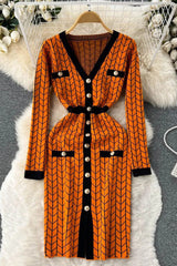 Dress V-neck Buttons Split Knitted Sweater Dress