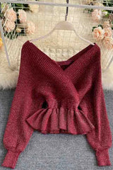 Elegant V-neck Ruffled Knitted Pullover Sweater Tops Shirt