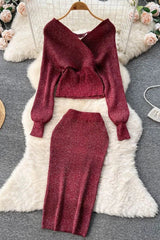 Elegant Batwing Sleeve Knitted Sweater Tops + Skinny Slim High Waist Wrap Hips Skirts Set