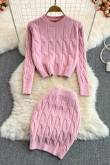 Long Sleeve Knitted Tops + Slim Mini Skirts Two Piece Suits