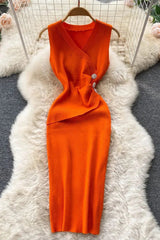 Dress Elegant Slim Waist Buttons Design Knee-length Knit Dress