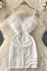 Furry Stitching Nightclub Off-Shoulder Backless Dress With Sleeves