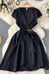Dress Elegant Turn-down Collar Asymmetrical A-line Wrap Dress Shirt Female Dress