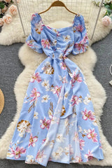 Dress Folds V-neck Floral Print Slit Long Dress Elegant Puff Sleeve Vacation Party Dress