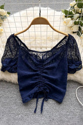 See Through Breathable Tops Drawstring Ruched Short Blouses