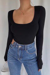 U-Neck Long Sleeved Low Cut Tight Top