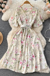 Dress Romantic Floral Print Chiffon Dress With Belt Party Dress