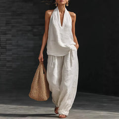 Halter Sleeveless Top & Wide Leg Pants Two Piece Casual Set