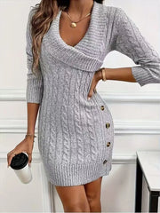 Wrap V Neck Cable Knit Sweater Dress