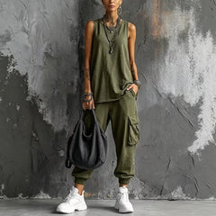 Dark Gray Sleeveless Tank & Cargo Pants Set
