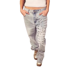 Mid‑Waist Rhinestone Decor Straight Leg Jeans