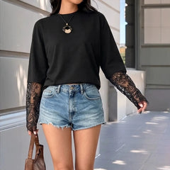 Black Long Sleeve Top With Floral Lace Sleeves & Open Lace Back | Split Back Contrast Lace Blouse