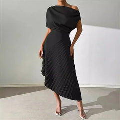 Asymmetric Satin Pleated Midi Dress