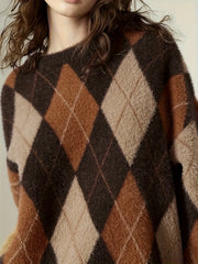 Crew Neck Argyle Knit Sweater
