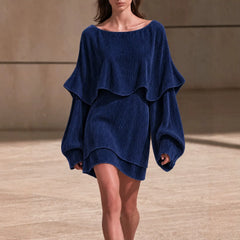 Navy Blue Ruffle Layered Mini Dress Boat Neck Balloon Long Sleeve Loose Shift Dress