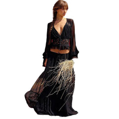 Matching Flowy Linen Look Lace Spliced V-Neck Long Sleeve Chiffon Tiered Skirt Two Piece Casual Daily Outfit Set