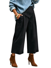 High Waist Wide Leg Trousers, Cross Over Asym Waist Pleated Black Casual Pants
