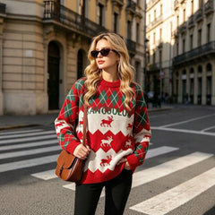 Christmas Reindeer Argyle Knit Sweater, Vintage Fair Isle Crew Neck Oversized Pullover Jumper