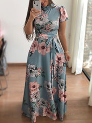 Satin Floral Print High Neck Short Sleeve Maxi Dress