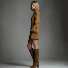 Retro Western Faux Suede Mini Dress High Neck Lantern Sleeve Cargo Pocket Loose Tunic Dress