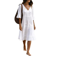 White V-Neck Tiered Ruffle Midi Dress
