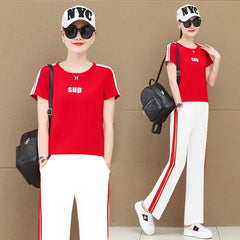 Printed Short-Sleeve Top & Striped Wide-Leg Pants Two-Piece Sports Set