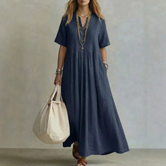 V‑Neck Short Sleeve Cotton Linen Loose Maxi Dress