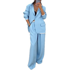 Contrast Trim Blazer & Wide Leg Pants Two Piece Suit Set