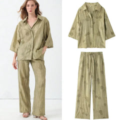 Printed Lapel 3/4 Sleeve Shirt & Wide Leg Long Pants Two Piece Casual Set
