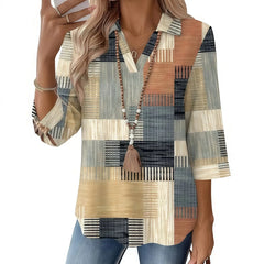 Abstract Floral Print Lapel Collar 3/4 Sleeve Four-Way Stretch Commuter Blouse