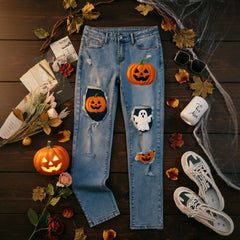 Halloween Pumpkin Ghost Patch Ripped Jeans