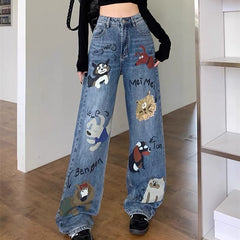 High Waist Animal Graphic Baggy Jeans, Cute Puppy Print Wide Leg Denim Trousers